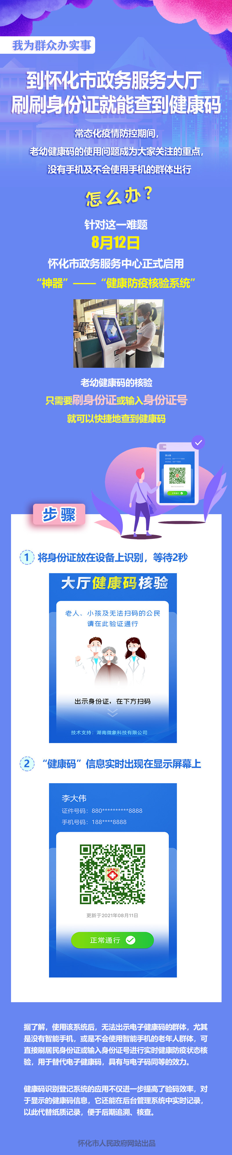 常態(tài)化疫情防控期間,老幼健康碼的使用問題成為大家關(guān)注的重點,沒有手機及不會使用手機的群體出行怎么辦?針對這一難題,8月12日,懷化市政務(wù)服務(wù)中心正式啟用“神器”——“健康防疫核驗系統(tǒng)”,老幼健康碼的核驗只需要刷身份證或輸入身份證號就可以快捷地查到健康碼。  工作人員將老年人身份證放在識別設(shè)備上方停留2秒,“健康碼”信息實時出現(xiàn)在顯示屏幕上,綠碼的市民在懷化市政務(wù)服務(wù)大廳快速有序通行。  據(jù)了解,使用該系統(tǒng)后,無法出示電子健康碼的群體,尤其是沒有智能手機,或是不會使用智能手機的老年人群體,可直接刷居民身份證或輸入身份證號進(jìn)行實時健康防疫狀態(tài)核驗,用于替代電子健康碼,具有與電子碼同等的效力。  健康碼識別登記系統(tǒng)的應(yīng)用不僅進(jìn)一步提高了驗碼效率,對于顯示的健康碼信息,它還能在后臺管理系統(tǒng)中實時記錄,以此代替紙質(zhì)記錄,便于后期追溯、核查。